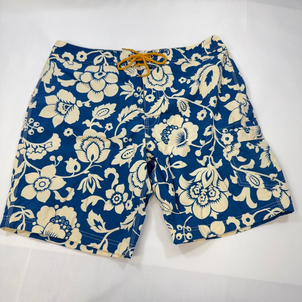 J.Crew Floral Board Shorts Blue Cream Hibiscus Swim Trunks Men's 34